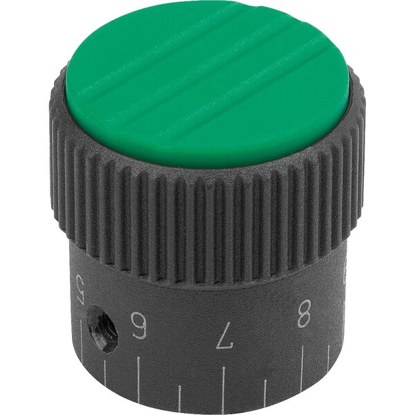 Knurled Knob W.Scale Size:1, D1=21, H=22, D=5, Form:C, Plastic Black Ral7021, Cap:Green Ral6032
